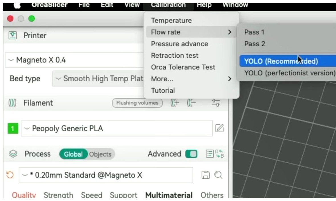 OrcaSlicer Calibration menu Flow Rate submenu showing Pass 1, Pass 2, and YOLO options for Prusa MK4 calibration