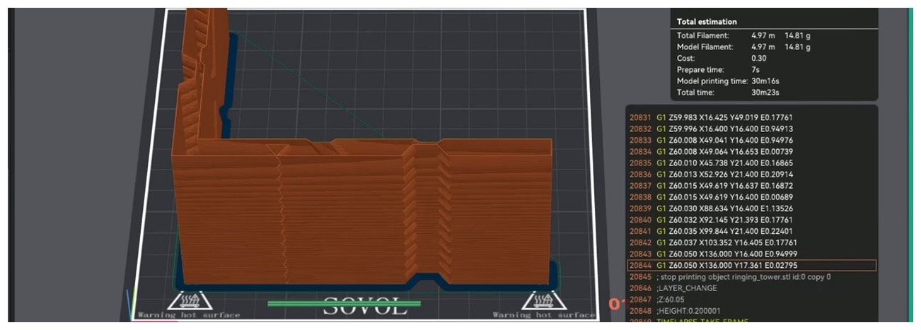 OrcaSlicer sliced ringing tower preview with G-code list and total estimation panel for Prusa MK4 calibration