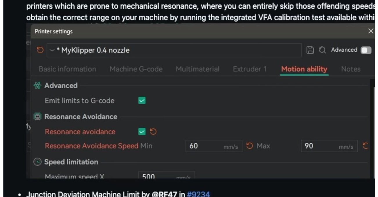 OrcaSlicer Printer settings Motion ability tab with Resonance Avoidance fields for tuning Prusa MK4 acceleration