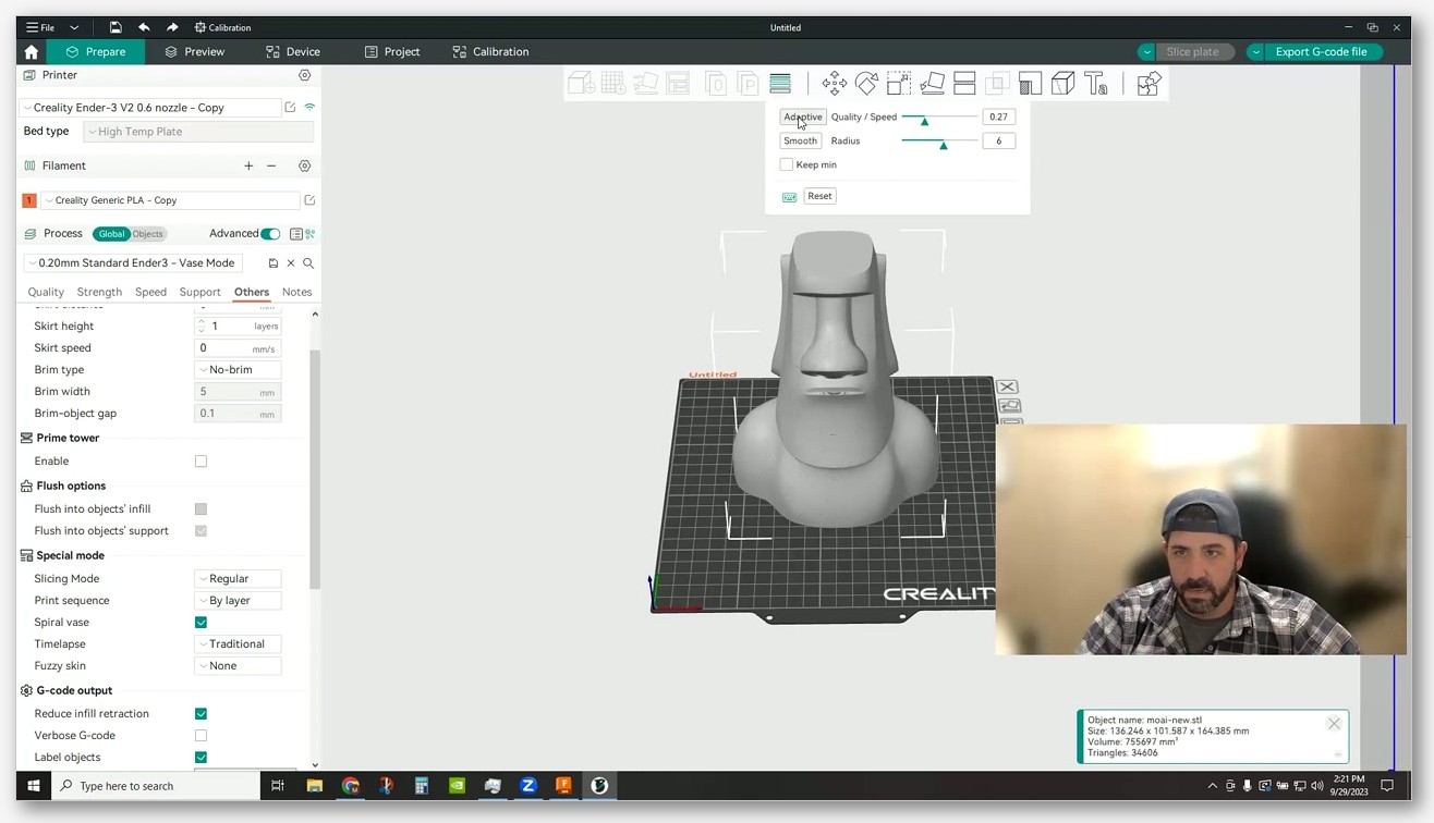 OrcaSlicer Preview tab view of a sliced vase showing the single continuous spiral toolpath rising in Z with no per-layer seam