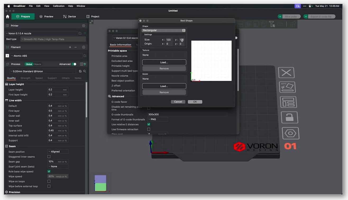 Build volume fields populated for Voron 2.4 350