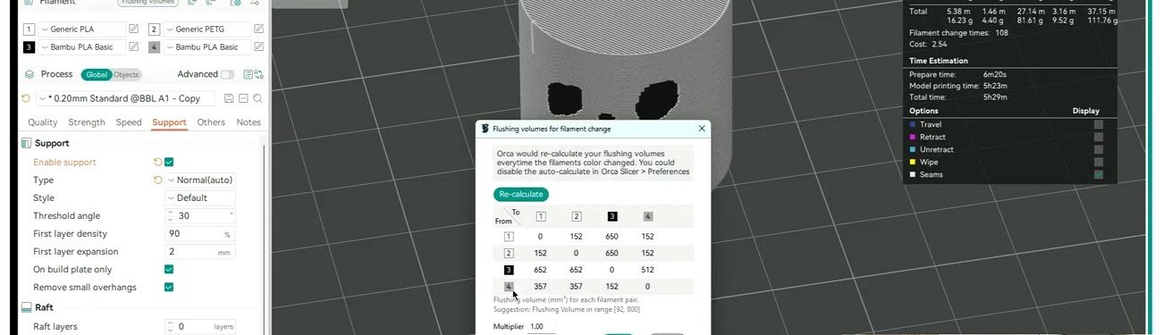 OrcaSlicer cylinder model with the flushing volume dialog open, showing how settings apply to a real print