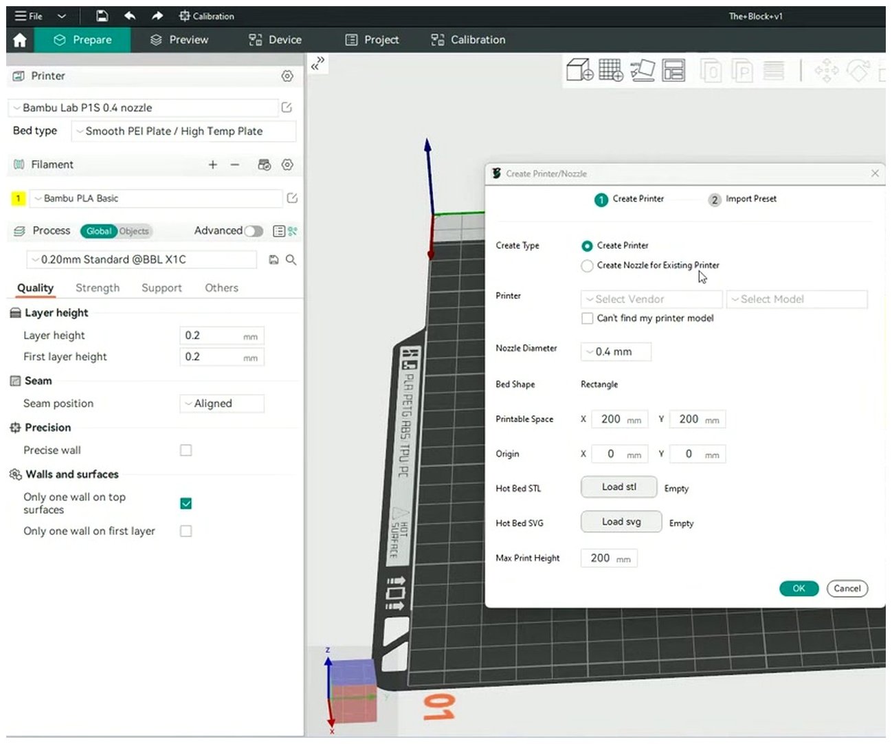 OrcaSlicer Create Printer wizard showing vendor, model, nozzle size, and bed shape fields filled in for an Anycubic Kobra 3