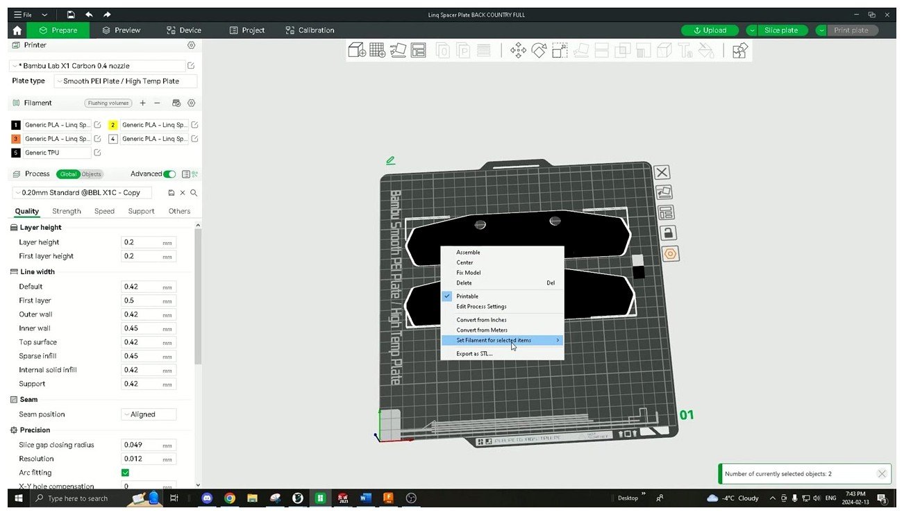 OrcaSlicer right-click menu showing Set Filament for selected items option