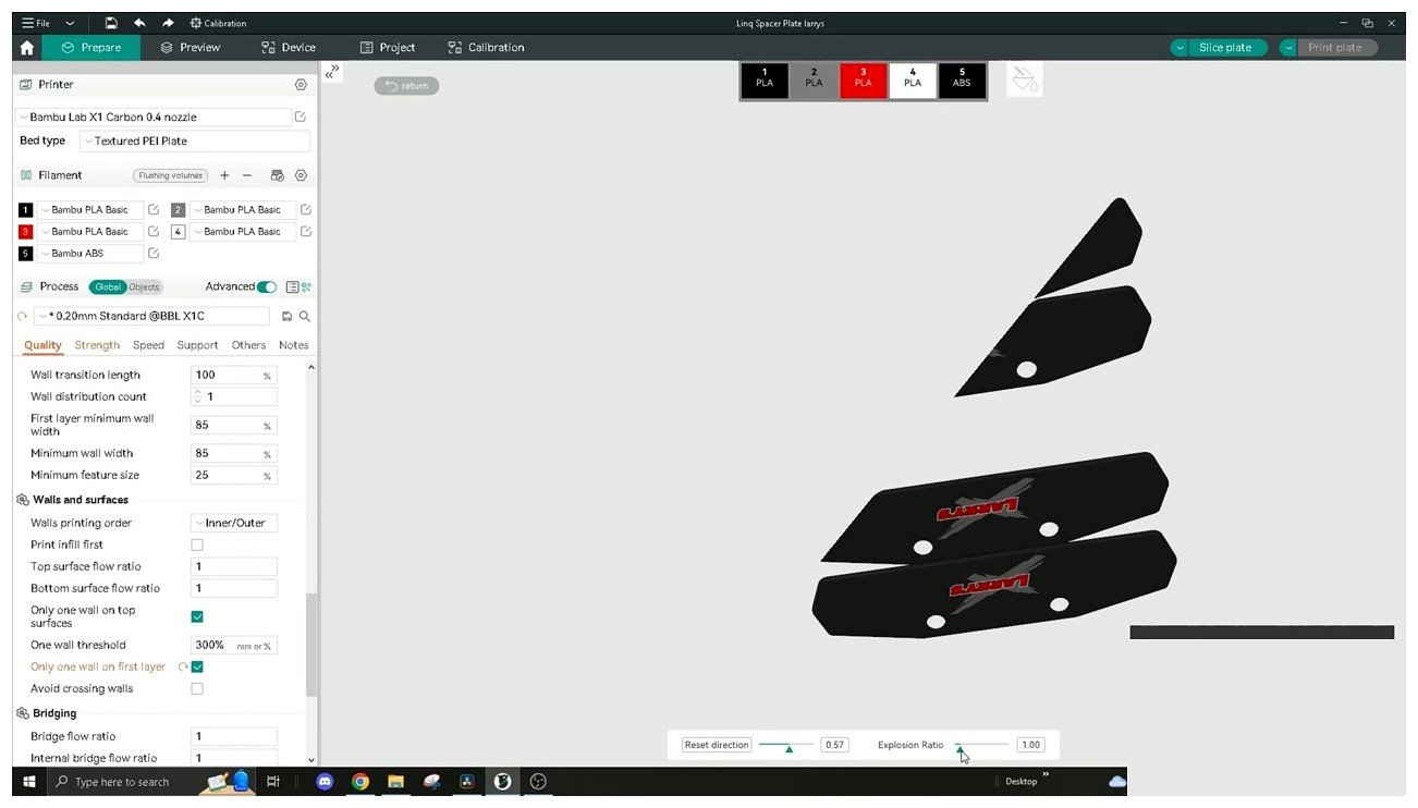 OrcaSlicer multi-filament setup showing PLA Basic and ABS in the slot list