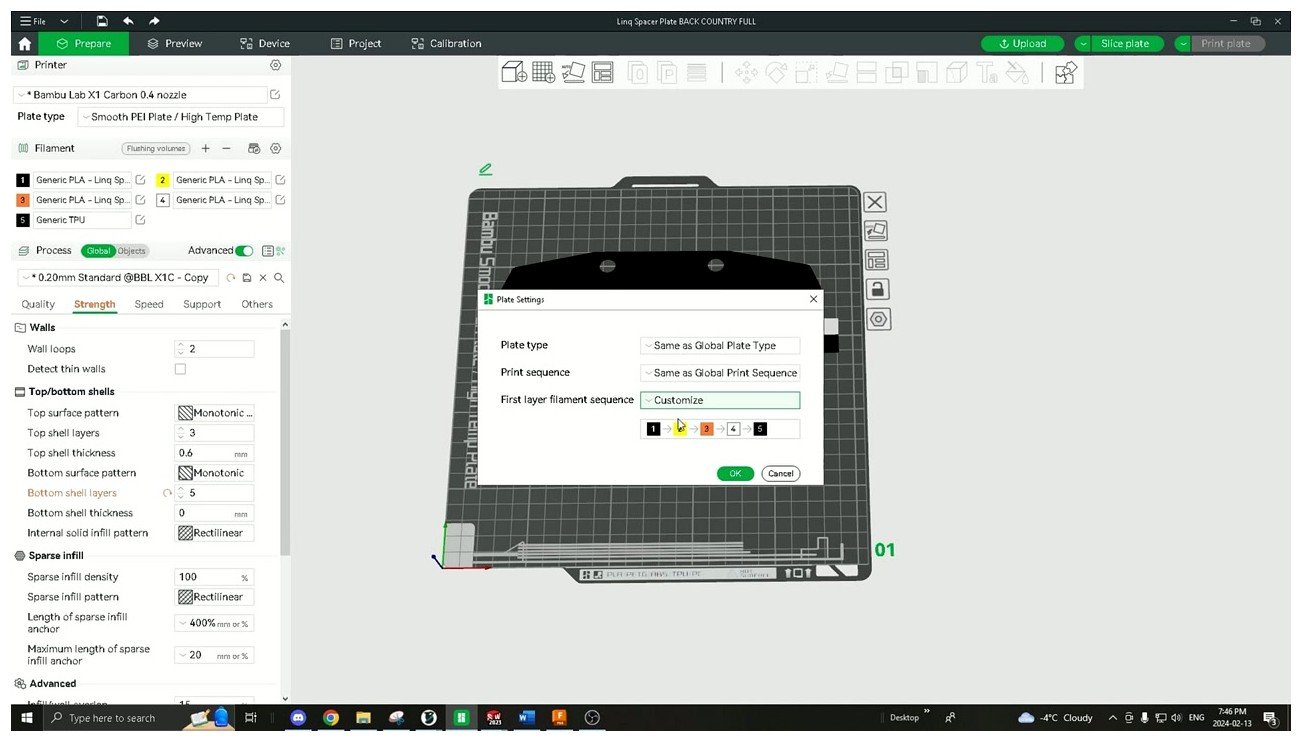 OrcaSlicer Plate Settings dialog showing the first-layer filament sequence customizer