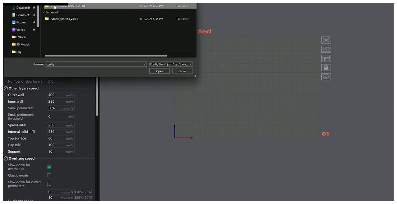 OrcaSlicer file open dialog filtered to import profile file types