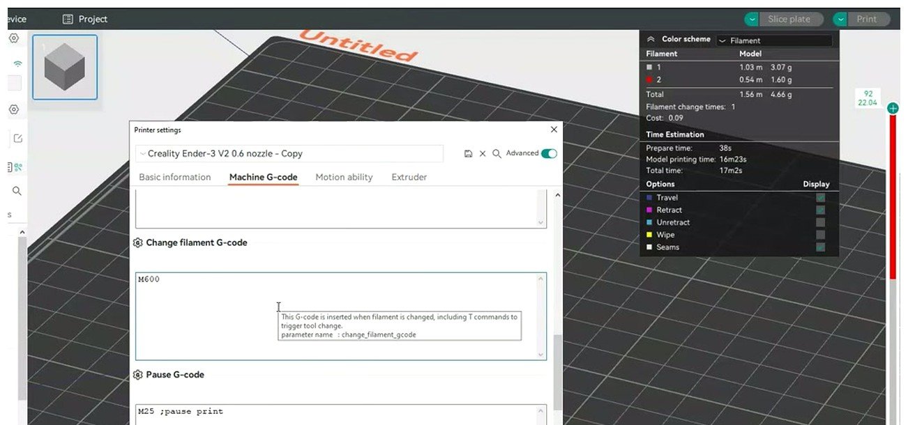 OrcaSlicer Change filament G-code field with M600 typed in