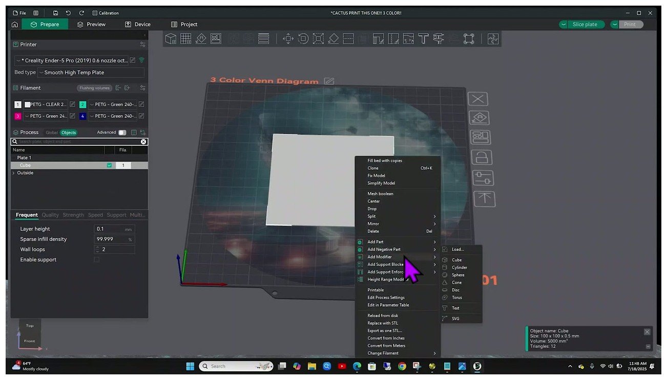 Right-click context menu in OrcaSlicer showing the Add Modifier submenu