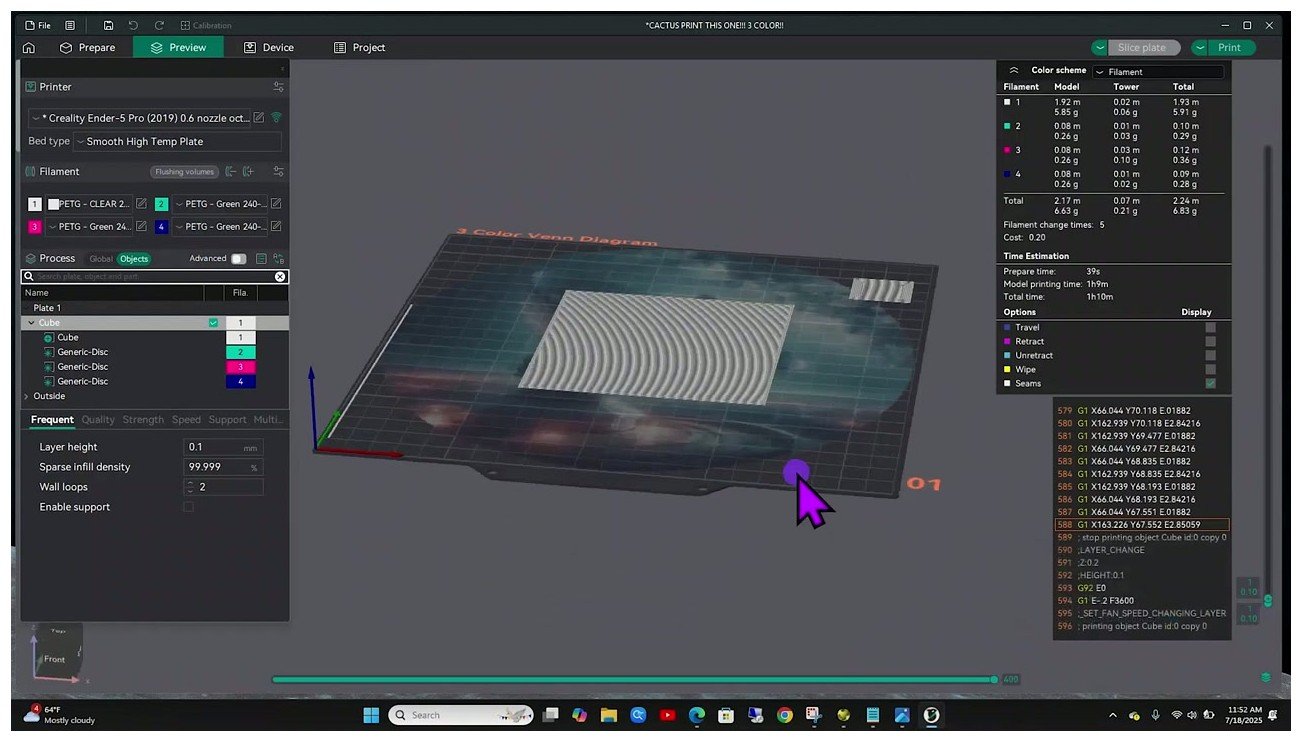 OrcaSlicer Preview tab showing a sliced multi-color model with filament breakdown panel