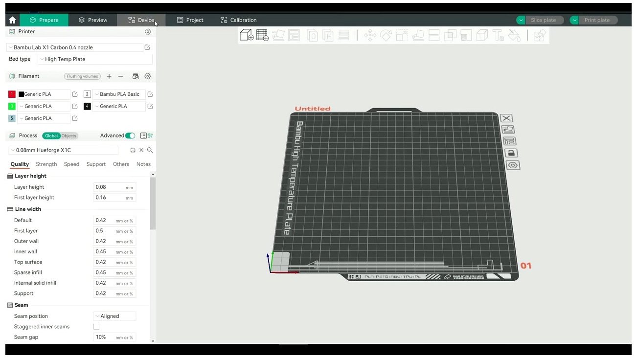 OrcaSlicer Prepare view showing Bambu X1 Carbon profile with multi-filament panel and Quality settings open