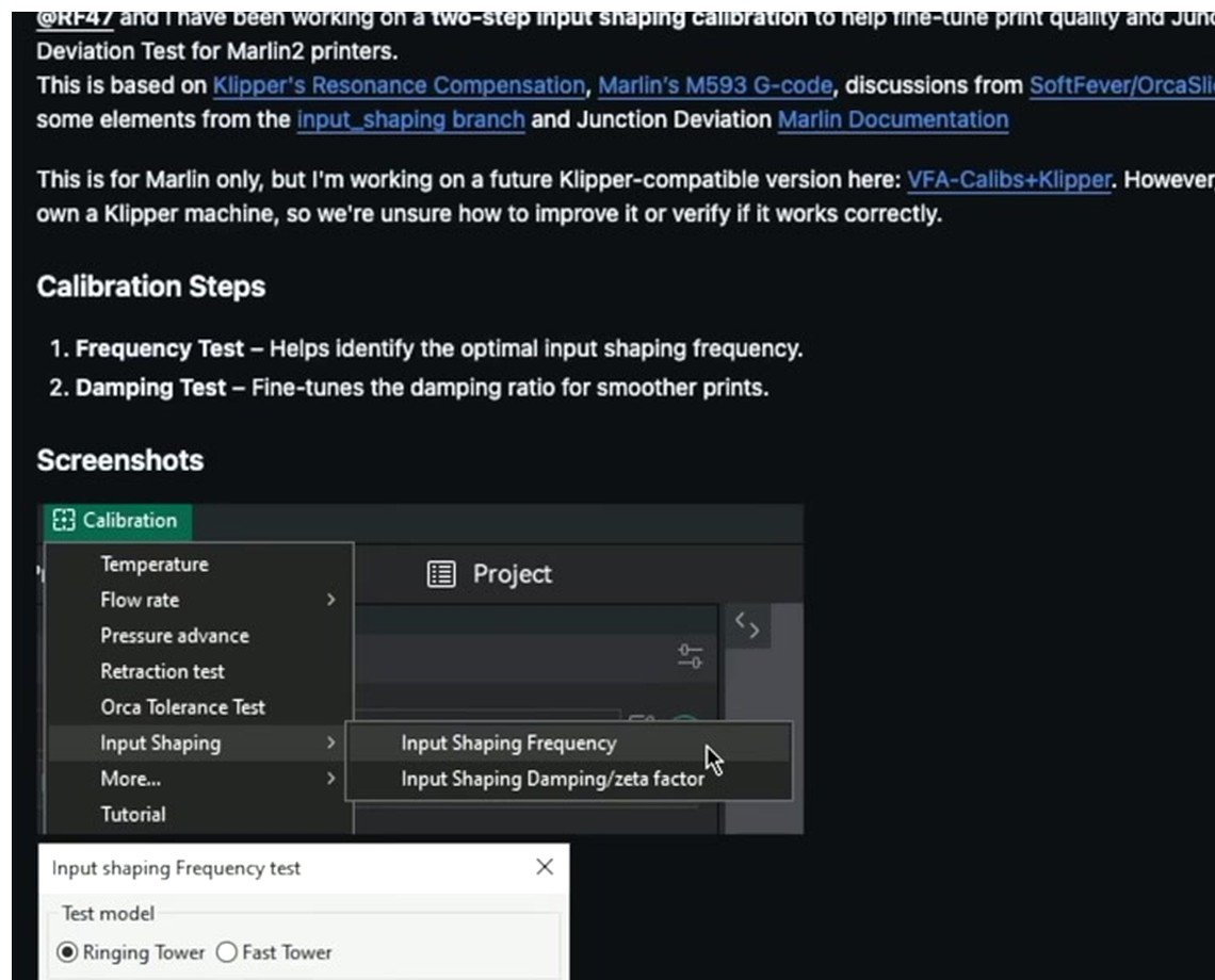 OrcaSlicer Calibration menu showing Input Shaping submenu with Frequency and Damping options for Prusa Core One