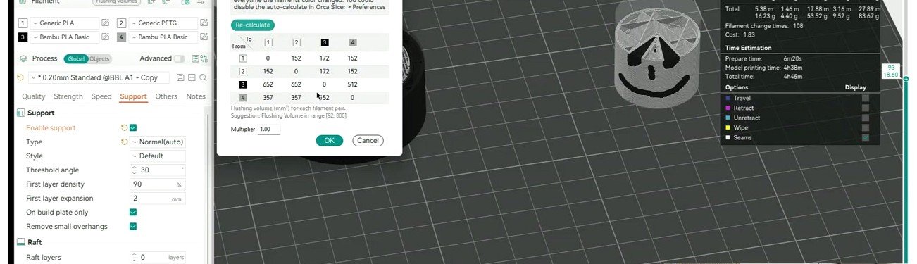 OrcaSlicer flushing volumes for filament change matrix dialog showing per-pair purge values
