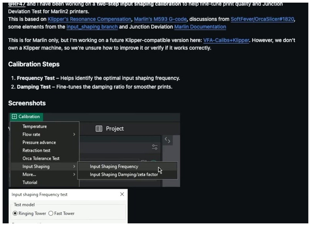 OrcaSlicer GitHub release notes showing Junction Deviation Test for Marlin2 under the Calibration menu submenu
