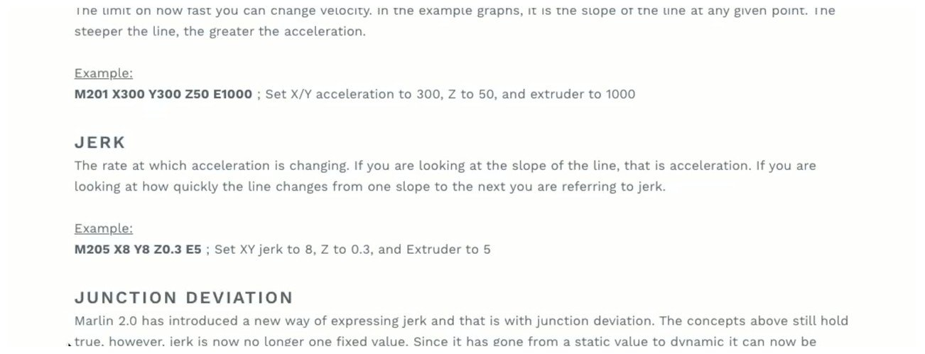 Marlin documentation showing M201, M205, JERK, and JUNCTION DEVIATION G-code reference with examples