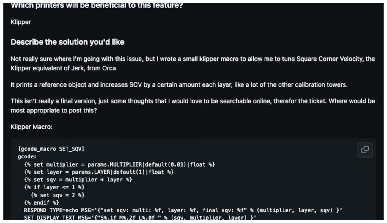 GitHub issue thread showing a Klipper SET_SQV macro for Square Corner Velocity tuning under OrcaSlicer Issue 4220