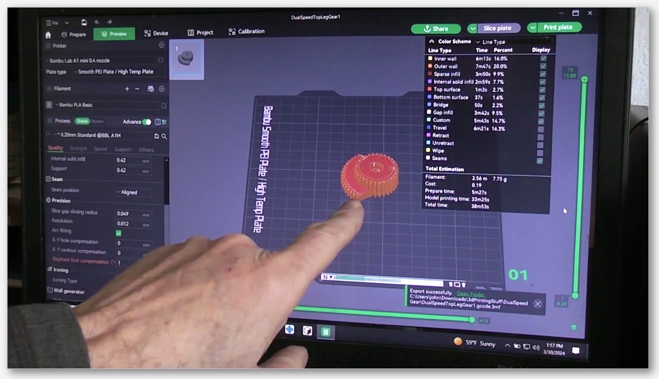 Screenshot of OrcaSlicer's slice preview at layer 1, the bottom layer outline visibly smaller than the layers above due to elephant foot compensation, brim show