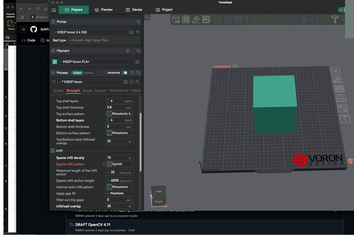 OrcaSlicer Strength tab showing Sparse infill density at 10 percent and Gyroid pattern selected