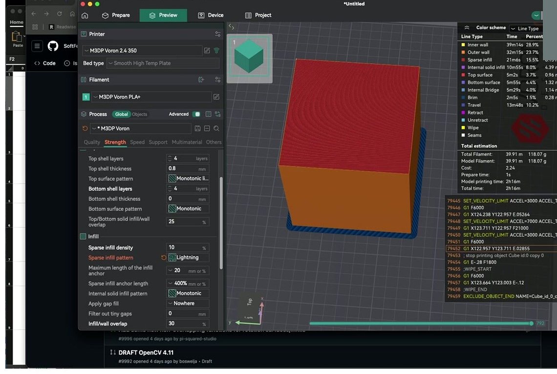 Sliced preview of the same cube with Lightning infill pattern selected, showing tree-like branches