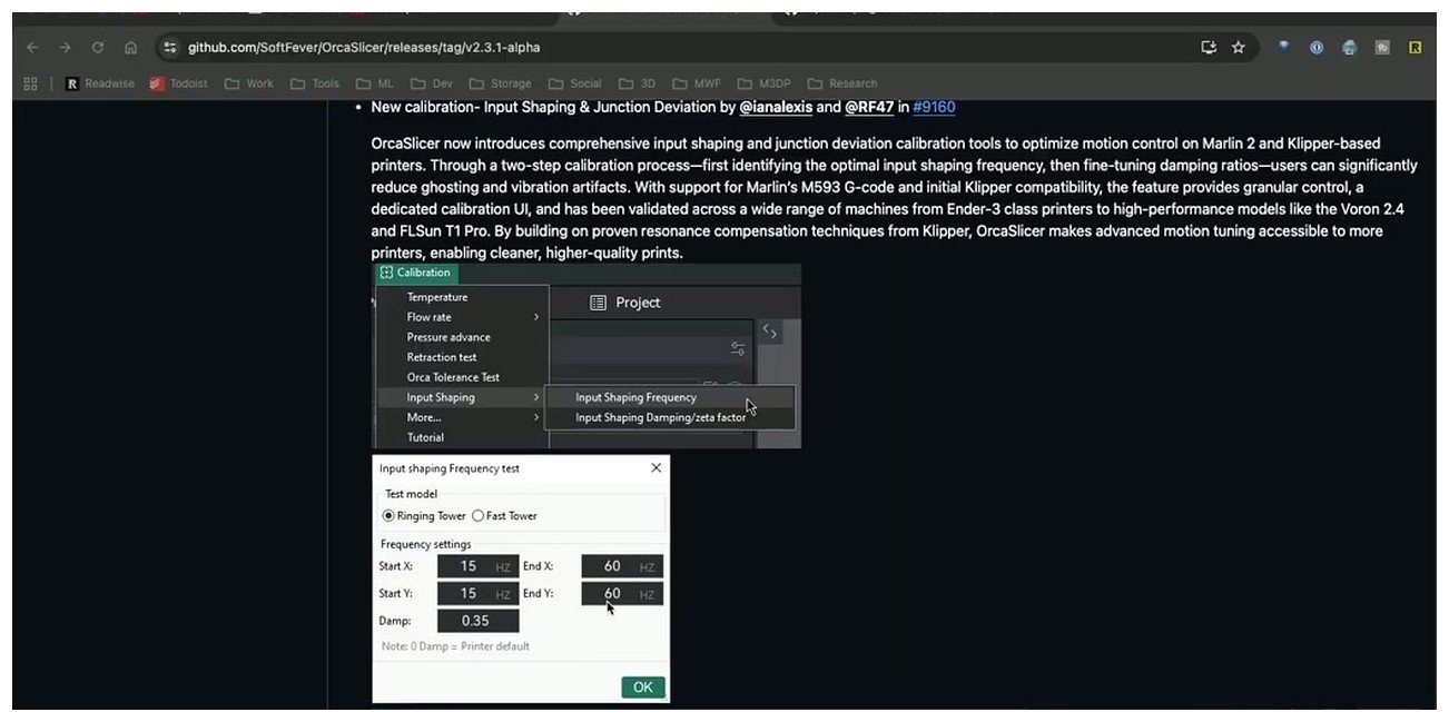 OrcaSlicer Calibration menu open with the Input Shaping submenu showing the Frequency Test dialog