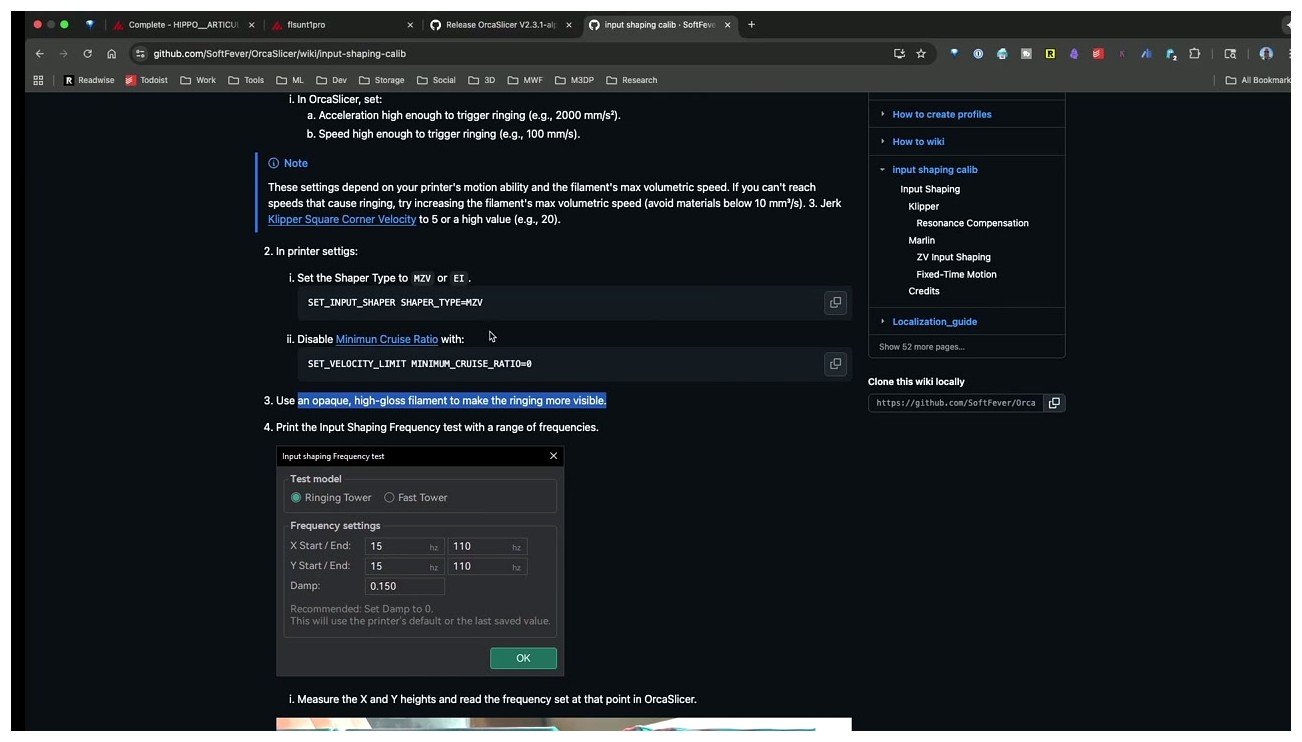 OrcaSlicer wiki page documenting the SET_INPUT_SHAPER command alongside the Frequency Test dialog