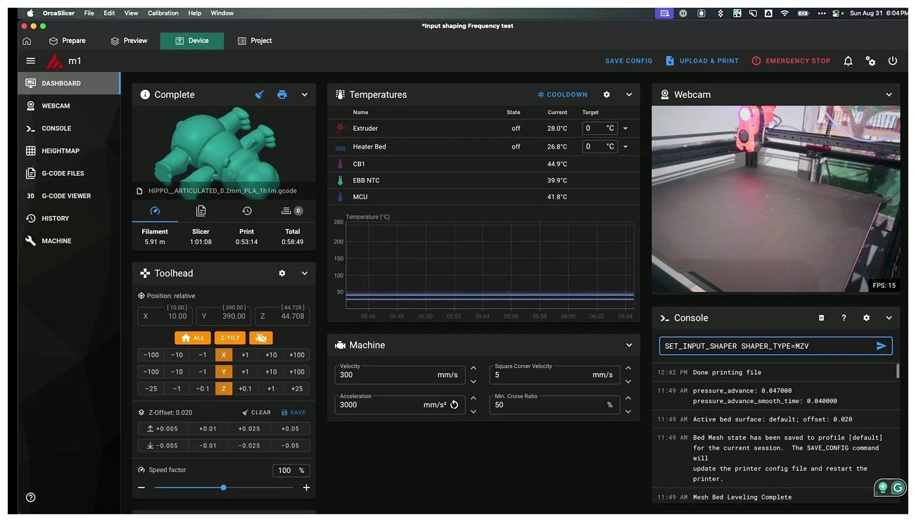 Mainsail dashboard with SET_INPUT_SHAPER SHAPER_TYPE=MZV typed into the console