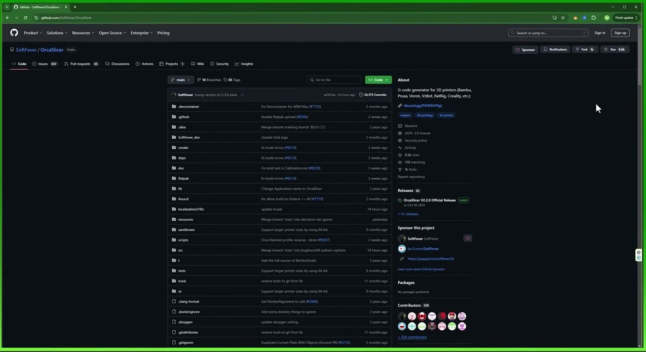 OrcaSlicer SoftFever GitHub repository page in Safari