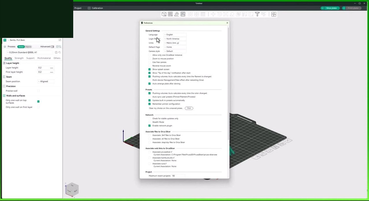OrcaSlicer Preferences panel with Login Region set to North America