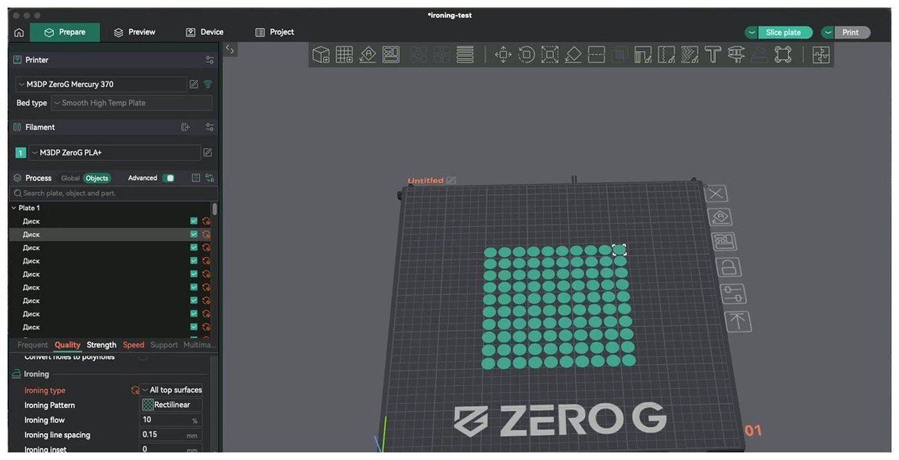 OrcaSlicer Quality settings panel with the Ironing section showing Type, Pattern, Flow, Speed, and Line spacing options