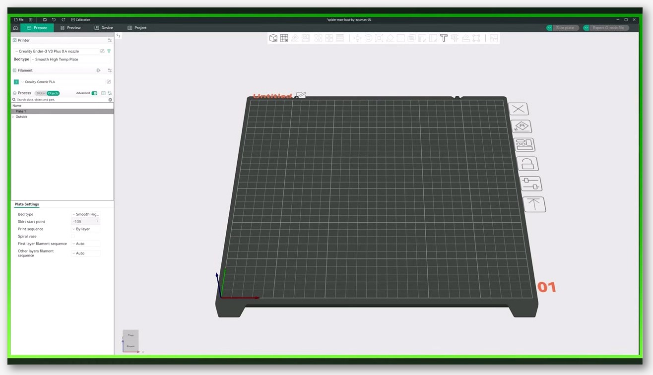OrcaSlicer Preview tab showing the vertical layer slider, the G-code panel opened with the C key, and toolpath visualization on the build plate
