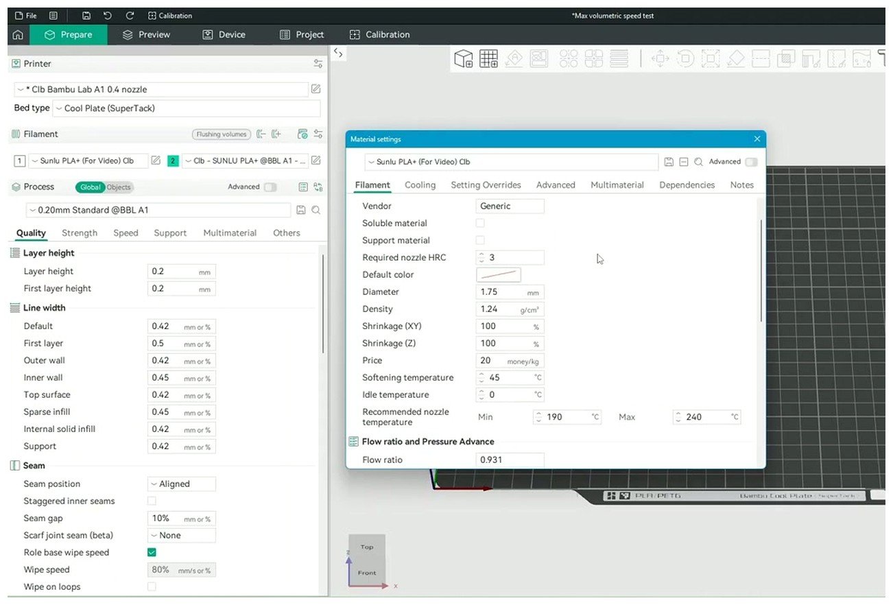 OrcaSlicer filament settings dialog open on the Setting tab showing the advanced filament parameters