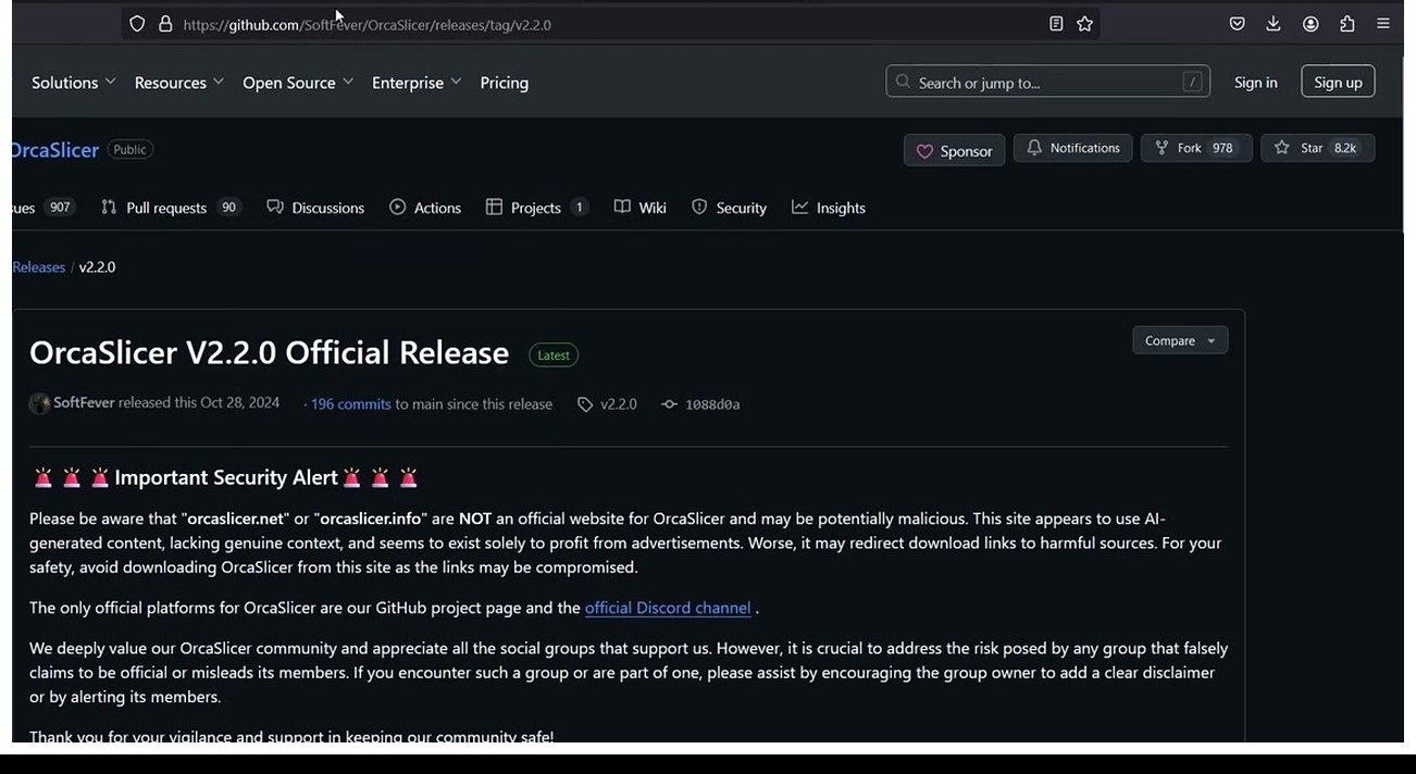 GitHub OrcaSlicer V2.2.0 Official Release header showing the canonical release page on the OrcaSlicer organization repo