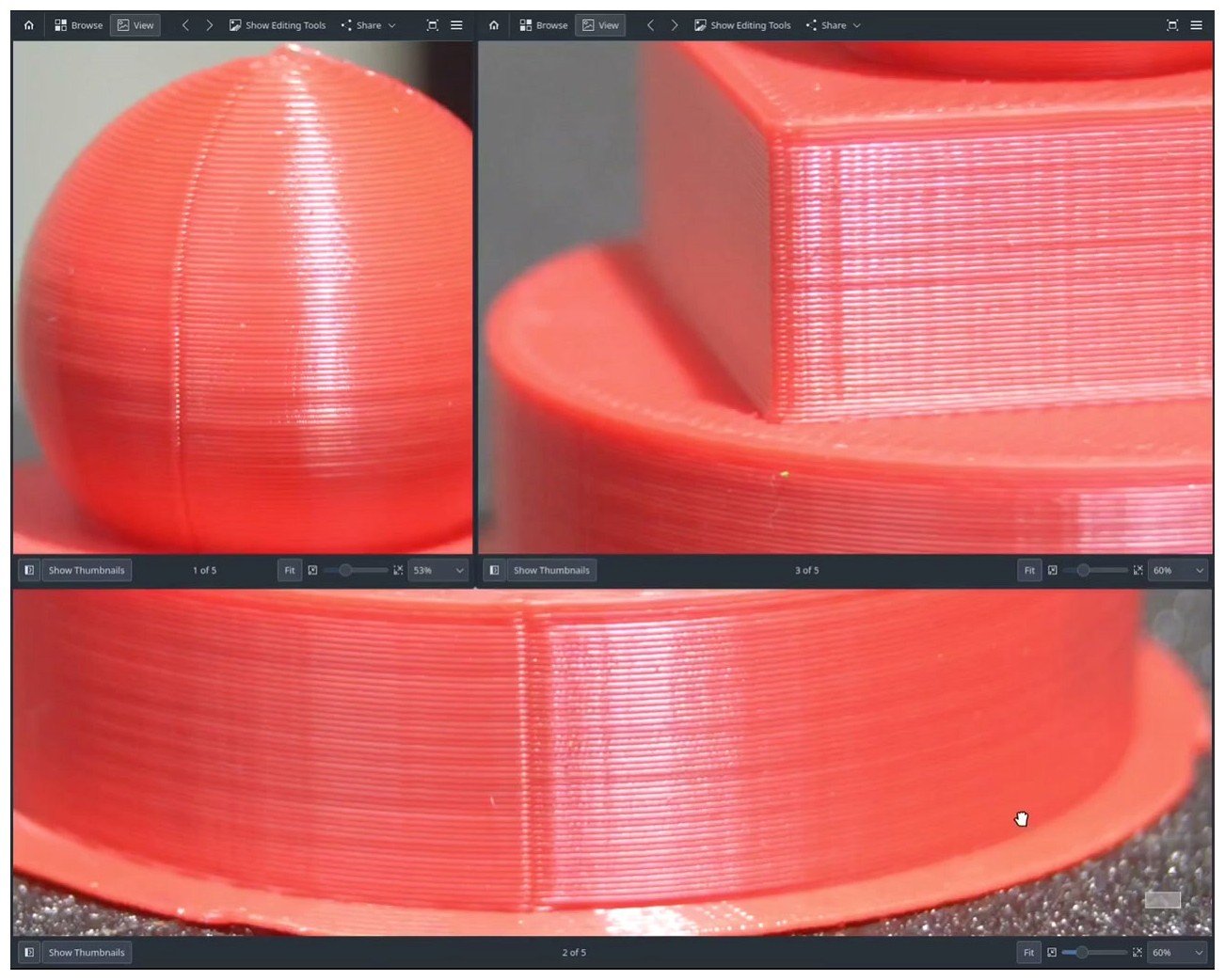 Three test prints side by side, a sphere, a cube, and a cylinder, each showing how the seam looks with default Aligned settings on different geometry