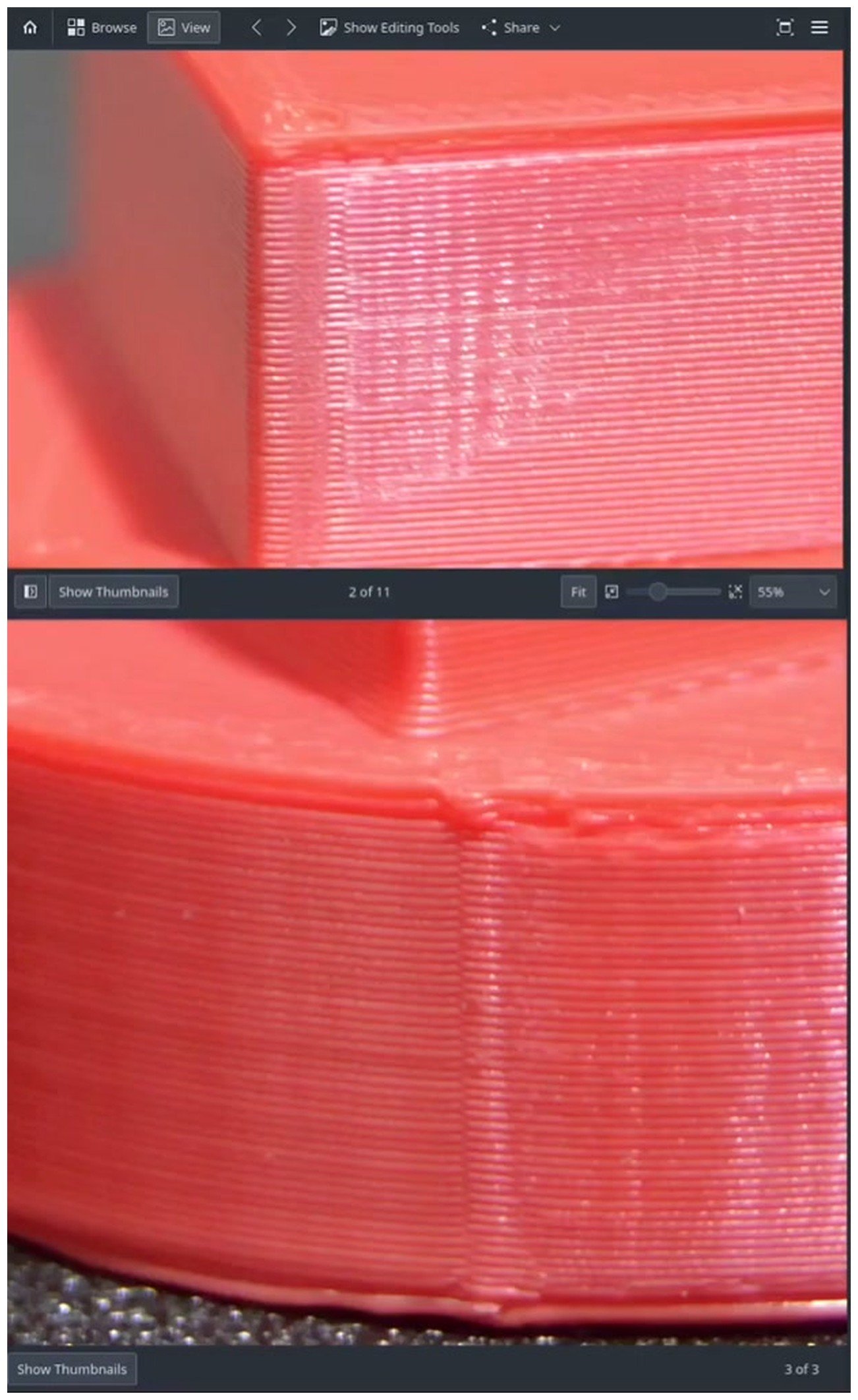 Vertical close-up macro photo of two cylinder prints side by side, one with traditional aligned seam showing a clear vertical scar, the other with scarf joint seam showing a faint diffuse smudge instead