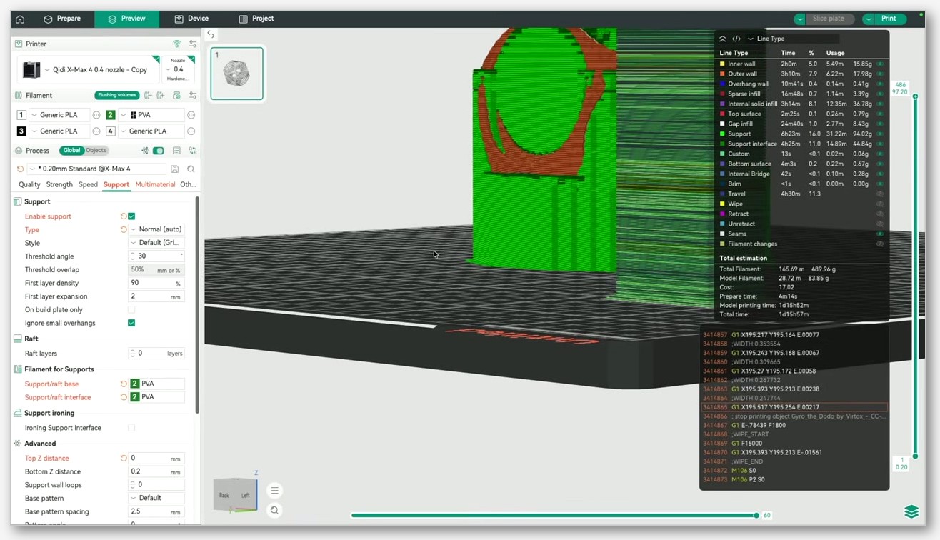 Screenshot of the OrcaSlicer Objects list with an object selected and the per-object override panel open showing Quality, Strength, and Speed categories