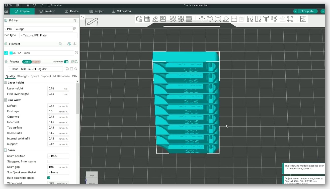 Screenshot of OrcaSlicer with Generic PLA Silk loaded, highlighting slow_down_layer_time set to 8 seconds