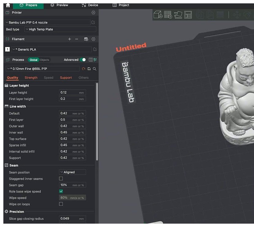 OrcaSlicer Process Quality panel with Buddha bust loaded for support assessment