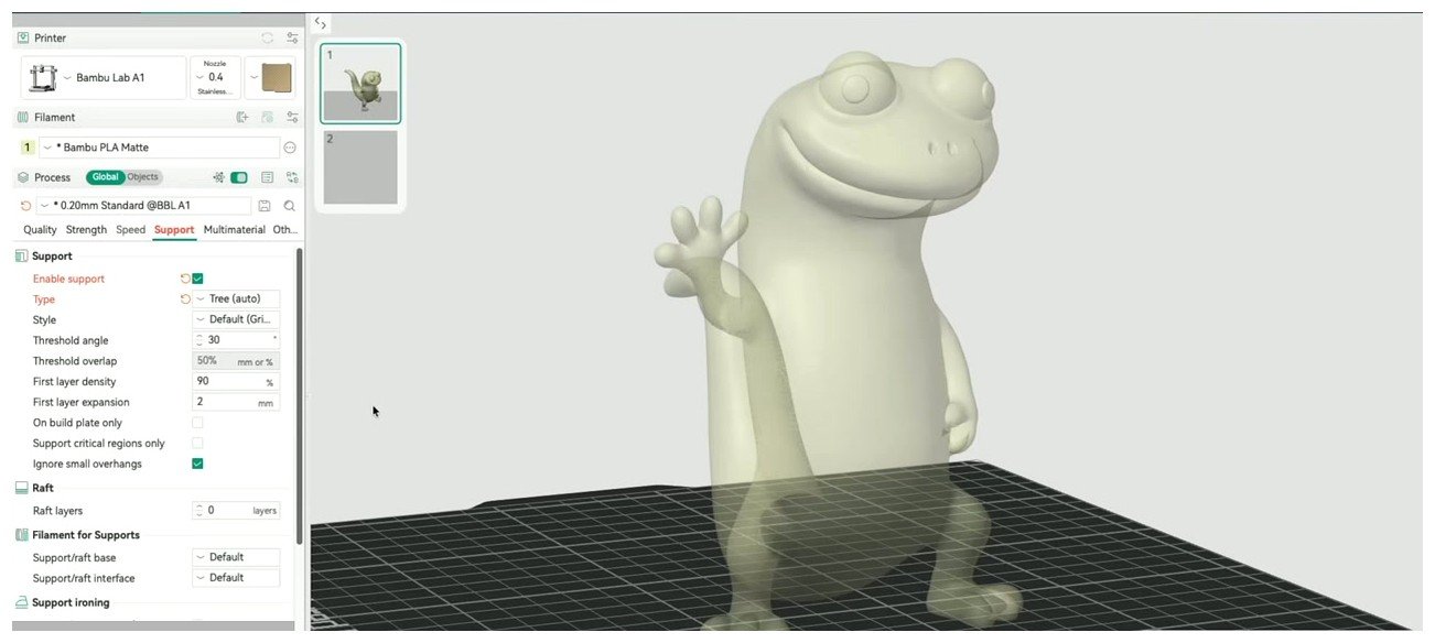 OrcaSlicer support tab with tree supports enabled on a frog model