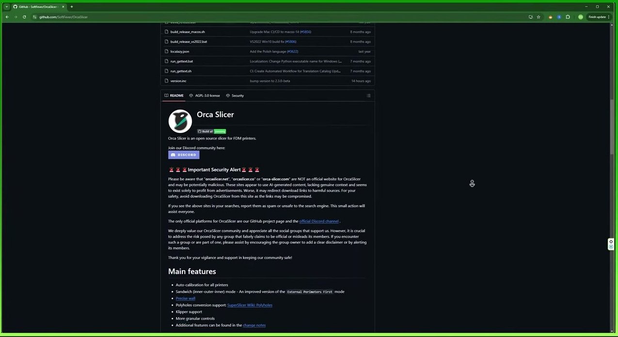 OrcaSlicer GitHub README showing the Important Security Alert section