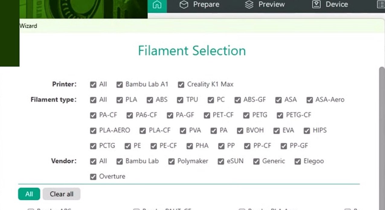 OrcaSlicer filament selection wizard on macOS