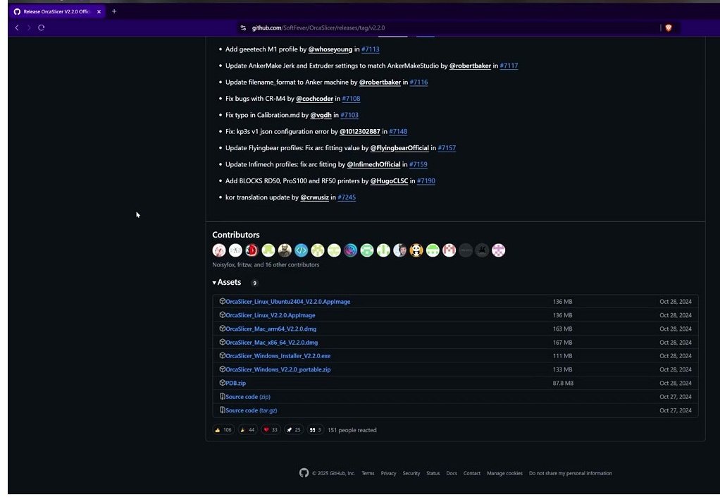 OrcaSlicer GitHub releases assets list showing the Windows installer .exe