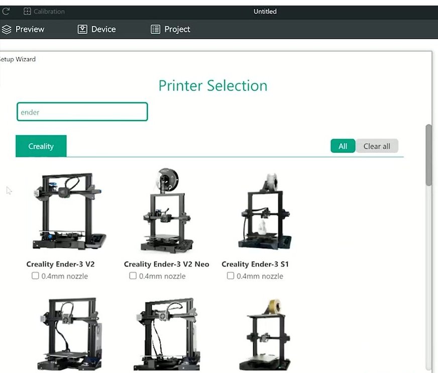 OrcaSlicer printer selection screen with Ender search filter applied