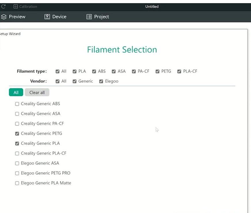OrcaSlicer filament selection screen listing common brands like Bambu, Polymaker, Overture