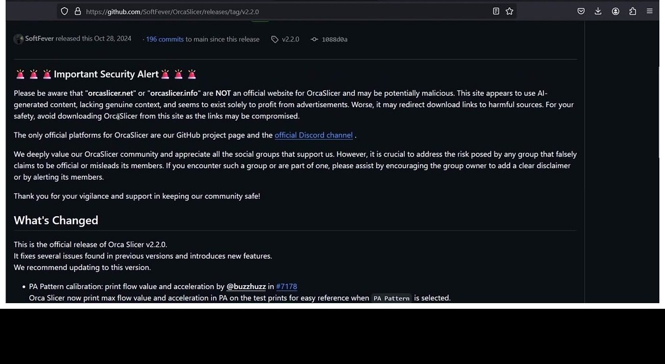 OrcaSlicer release notes Important Security Alert text warning about non-official websites distributing the software