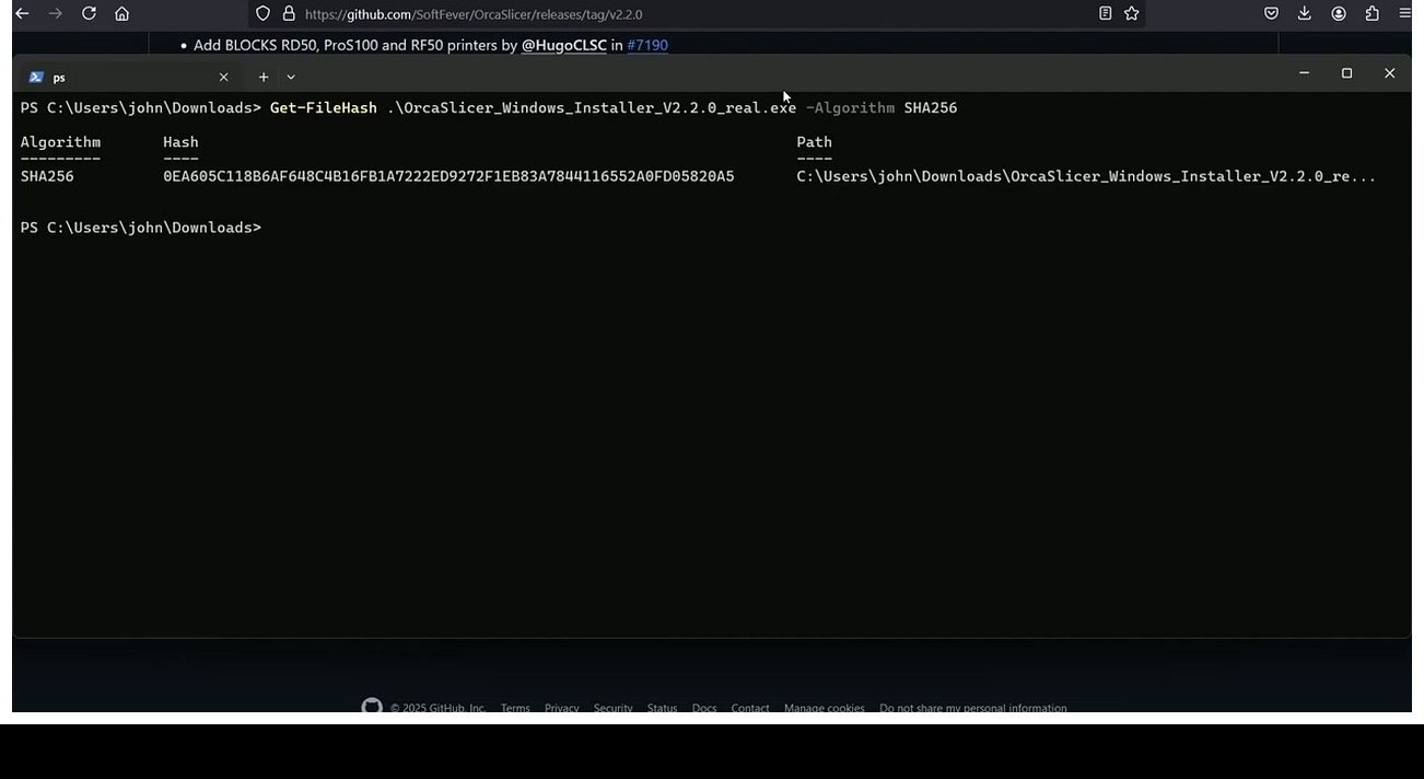 PowerShell window showing Get-FileHash output for the OrcaSlicer Windows installer with a SHA-256 hash result