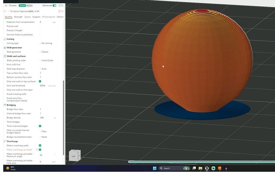 OrcaSlicer Prepare tab with a Bambu profile loaded and a sliced sphere on the plate