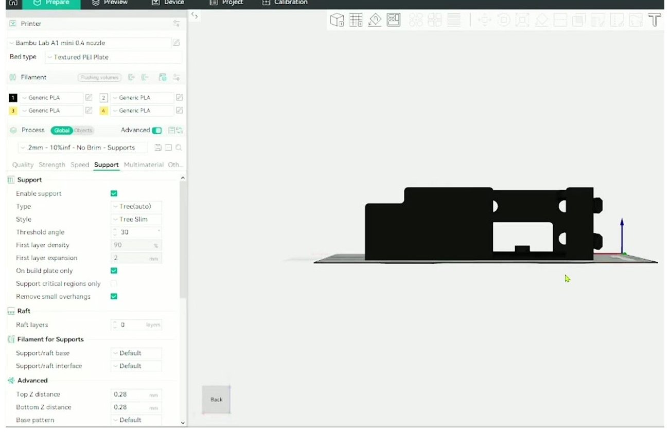 OrcaSlicer Support tab with Tree(auto) Tree Slim style and Top Z distance settings visible