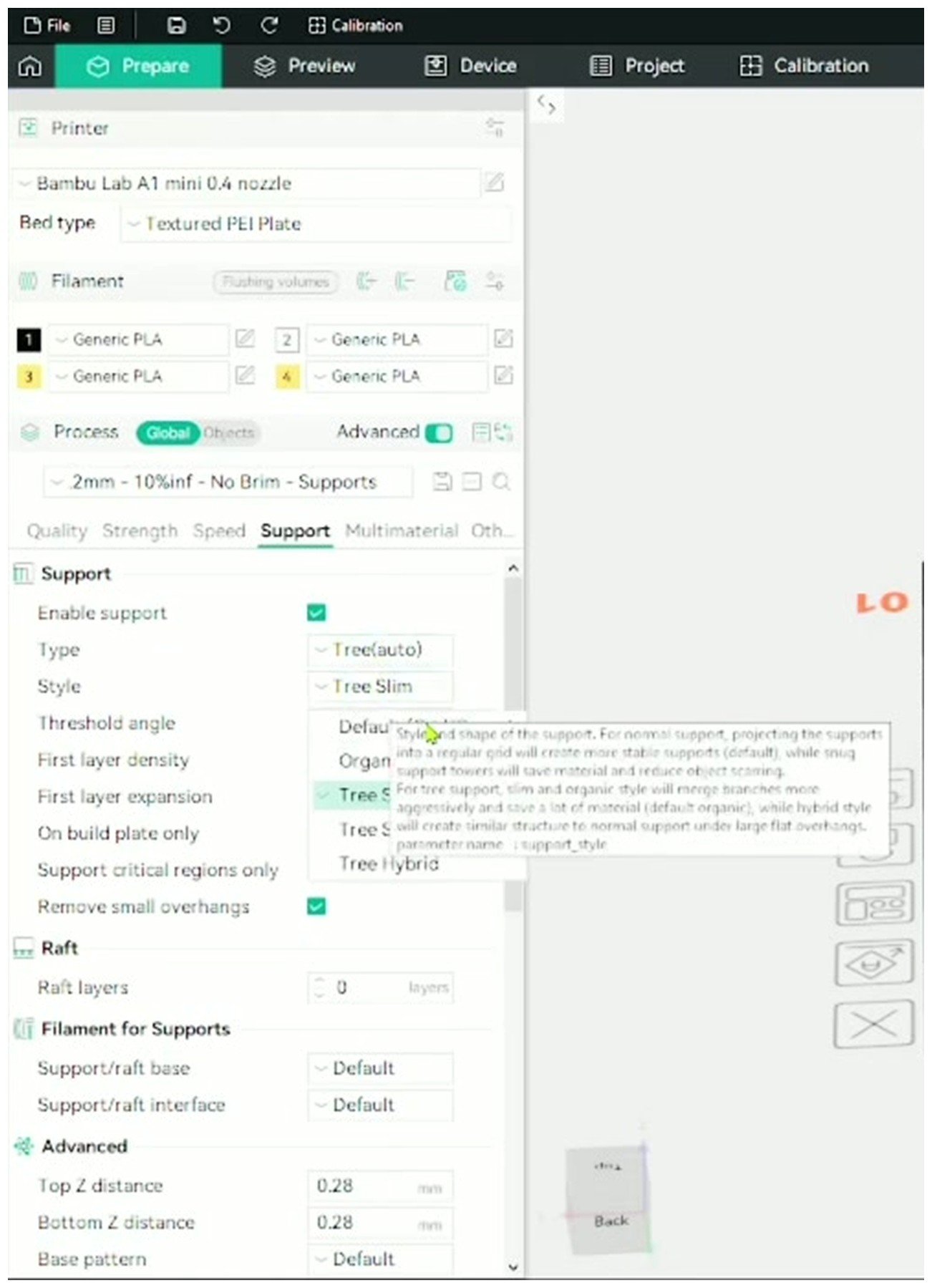 OrcaSlicer Style dropdown showing Default, Organic, Tree Slim, Tree Strong, and Tree Hybrid options with the tooltip visible