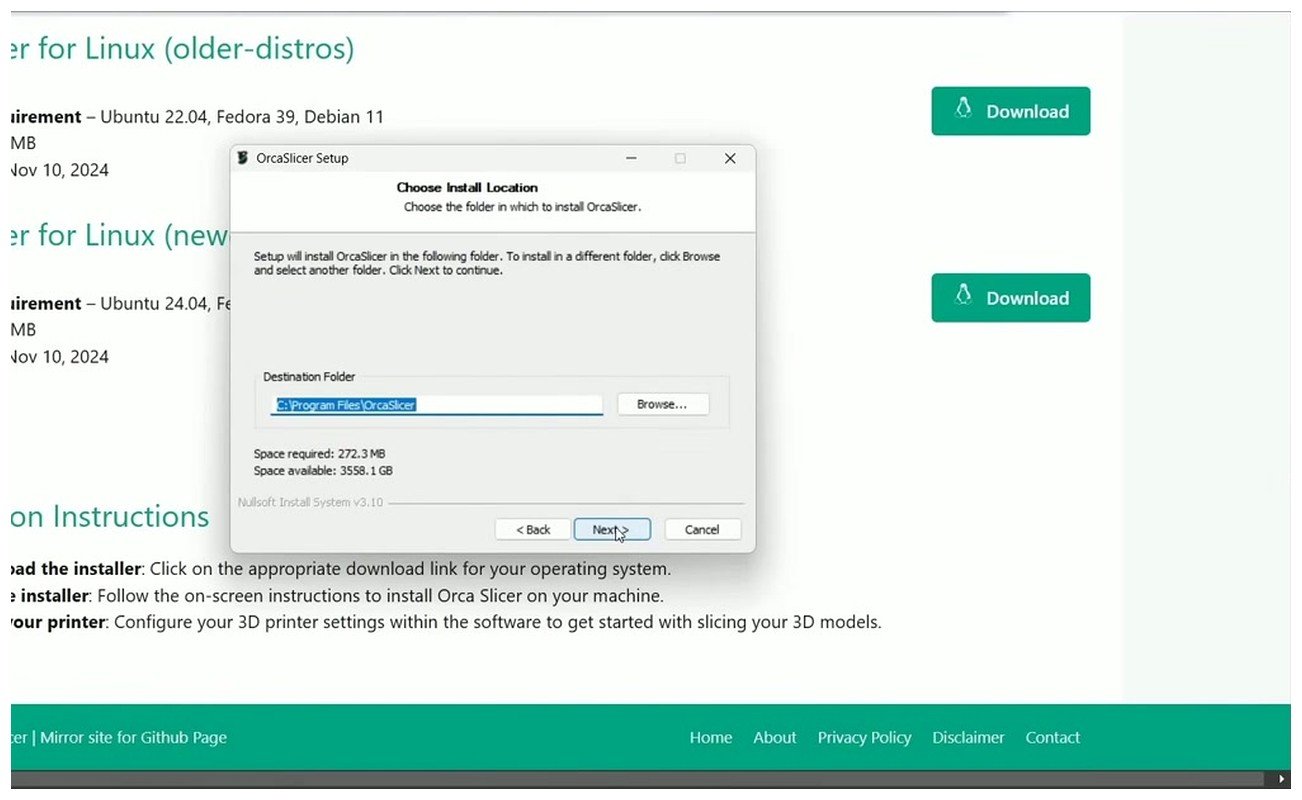 OrcaSlicer installer Choose Install Location dialog with default Program Files path