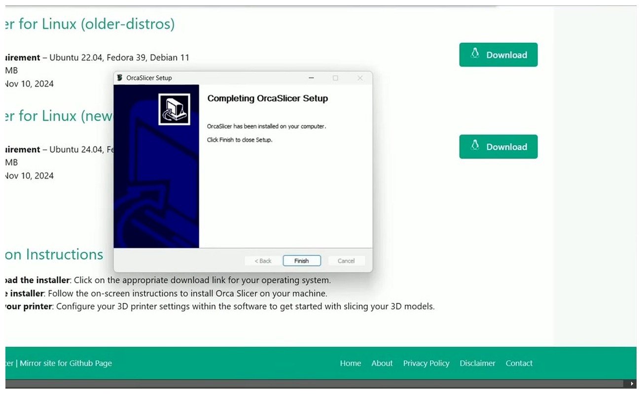Completing OrcaSlicer Setup dialog with Finish button and Run OrcaSlicer option